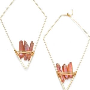 Geometric Triangle Raw Quartz Crystals Hoops Dangle Earrings for Women Gold